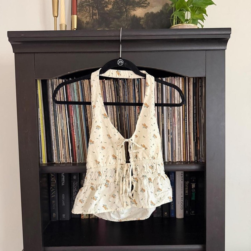 Kirious Halter Top Medium Cream Floral Tie Back Boho Peplum